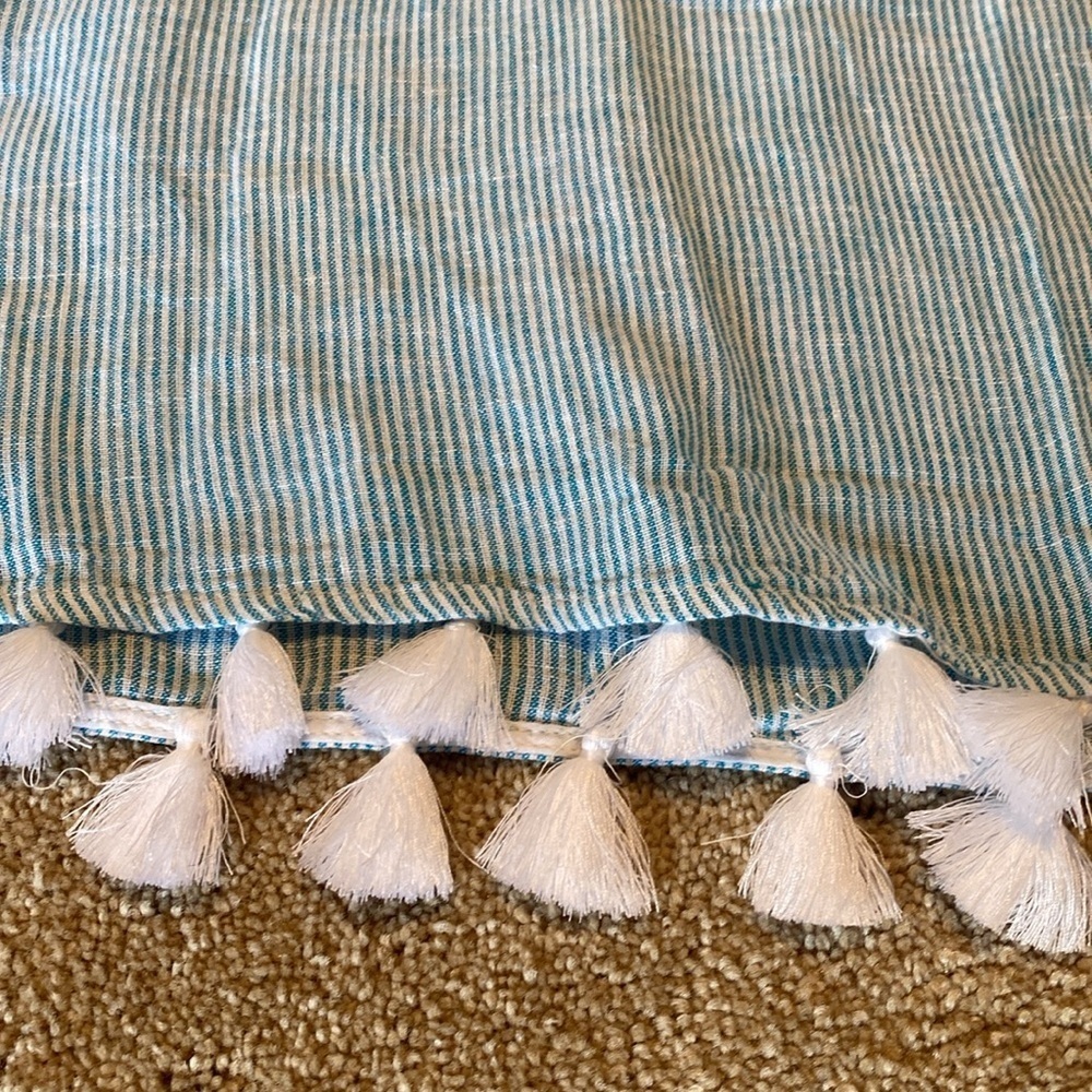 Tahari Linen Sleeveless Tassel Hem Aqua White Stripe Swim Cover Dress Sz LARGE - Picture 4 of 9